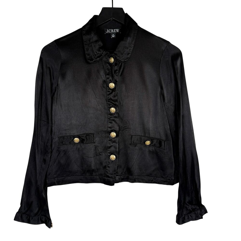 J.Crew Button Front Lady Shirt Jacket Satin Black Luster Crepe Gold Buttons - XS